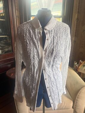 Free People White Open-Weave Button Front Blouse